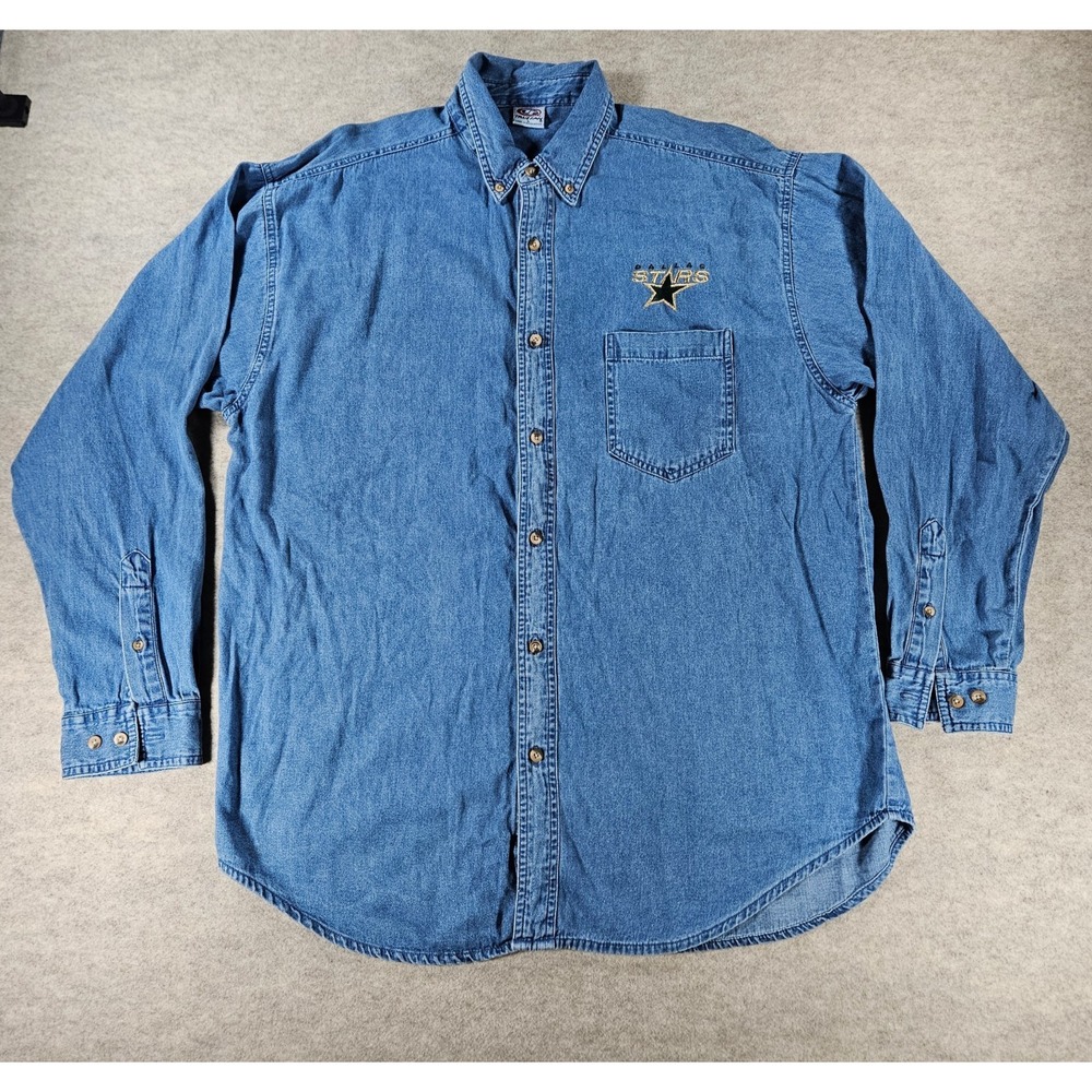 Vintage Dallas Stars True Fan Denim Shirt Mens L Blue Embroidered NHL Hockey